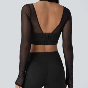 Halara Halter Backless Long Sleeve Thumb Hole Contrast Mesh 2-in-1 Cropped Yoga